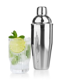 Photo of Metal cocktail shaker and delicious mojito isolated on white