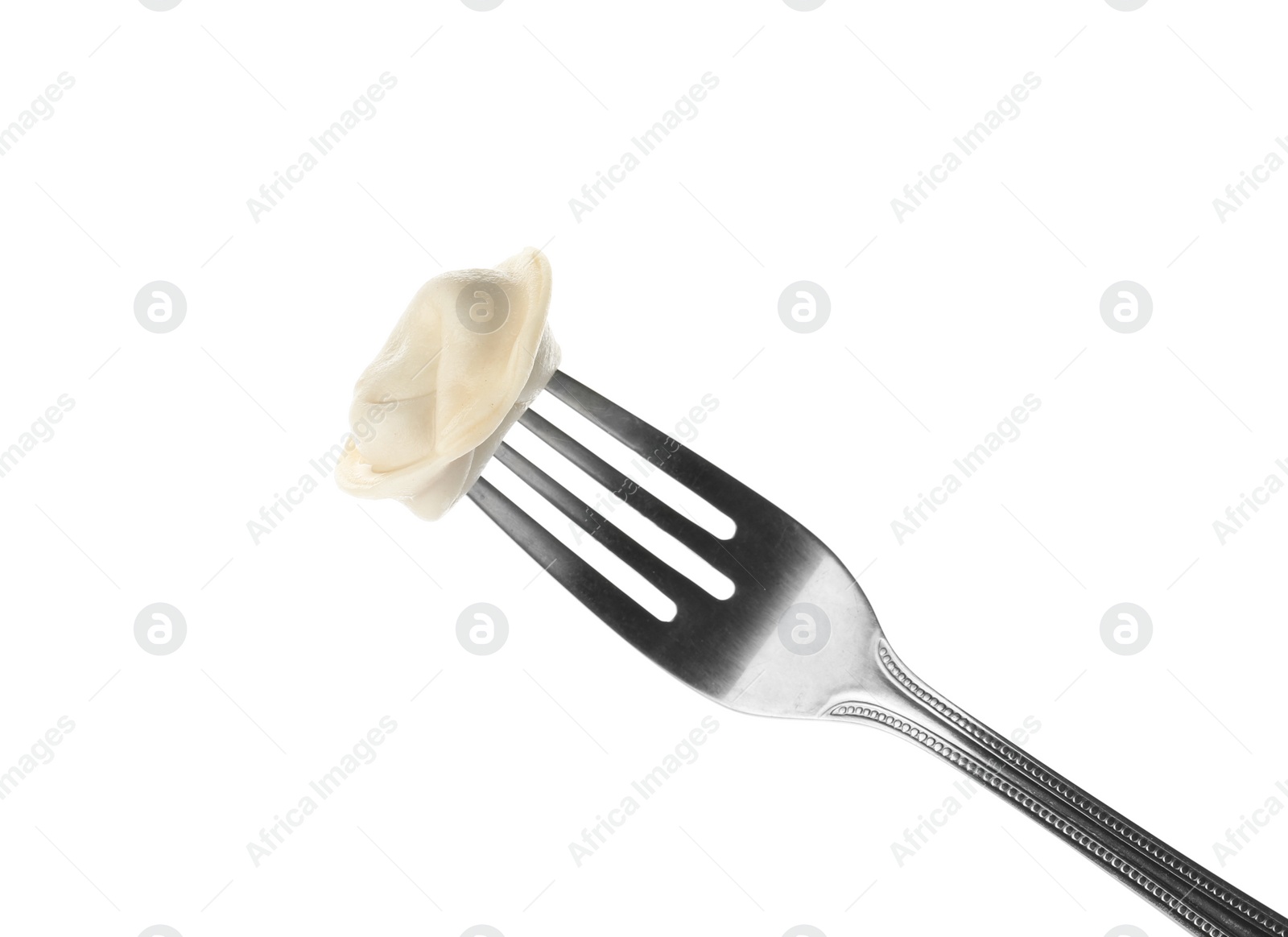 Photo of Fork with tasty dumpling isolated on white