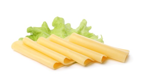 Photo of Slices of tasty fresh cheese and lettuce isolated on white