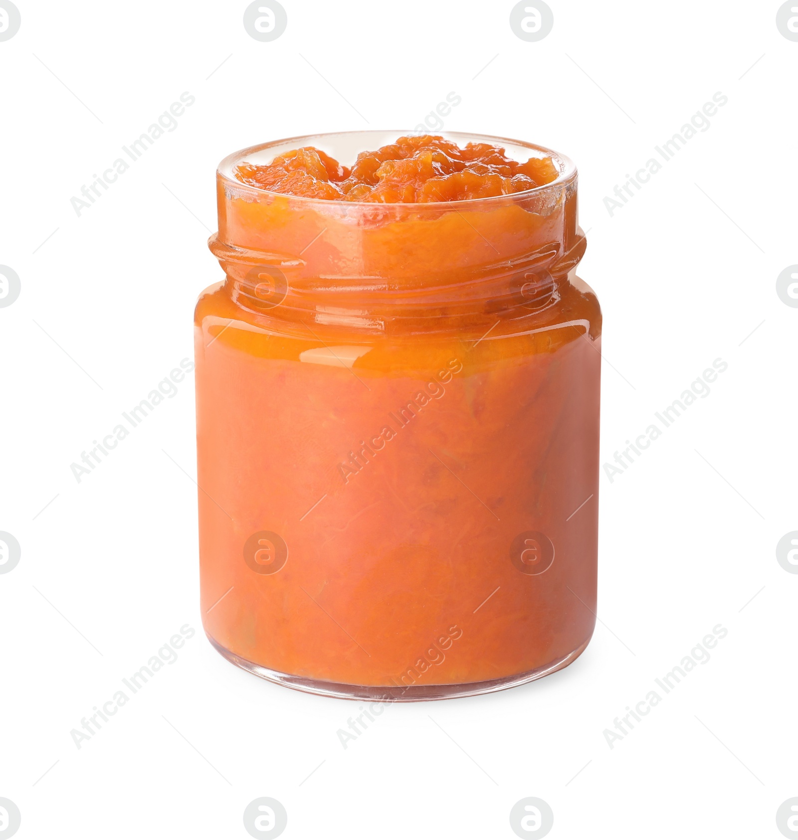 Photo of Jar of delicious pumpkin jam isolated on white