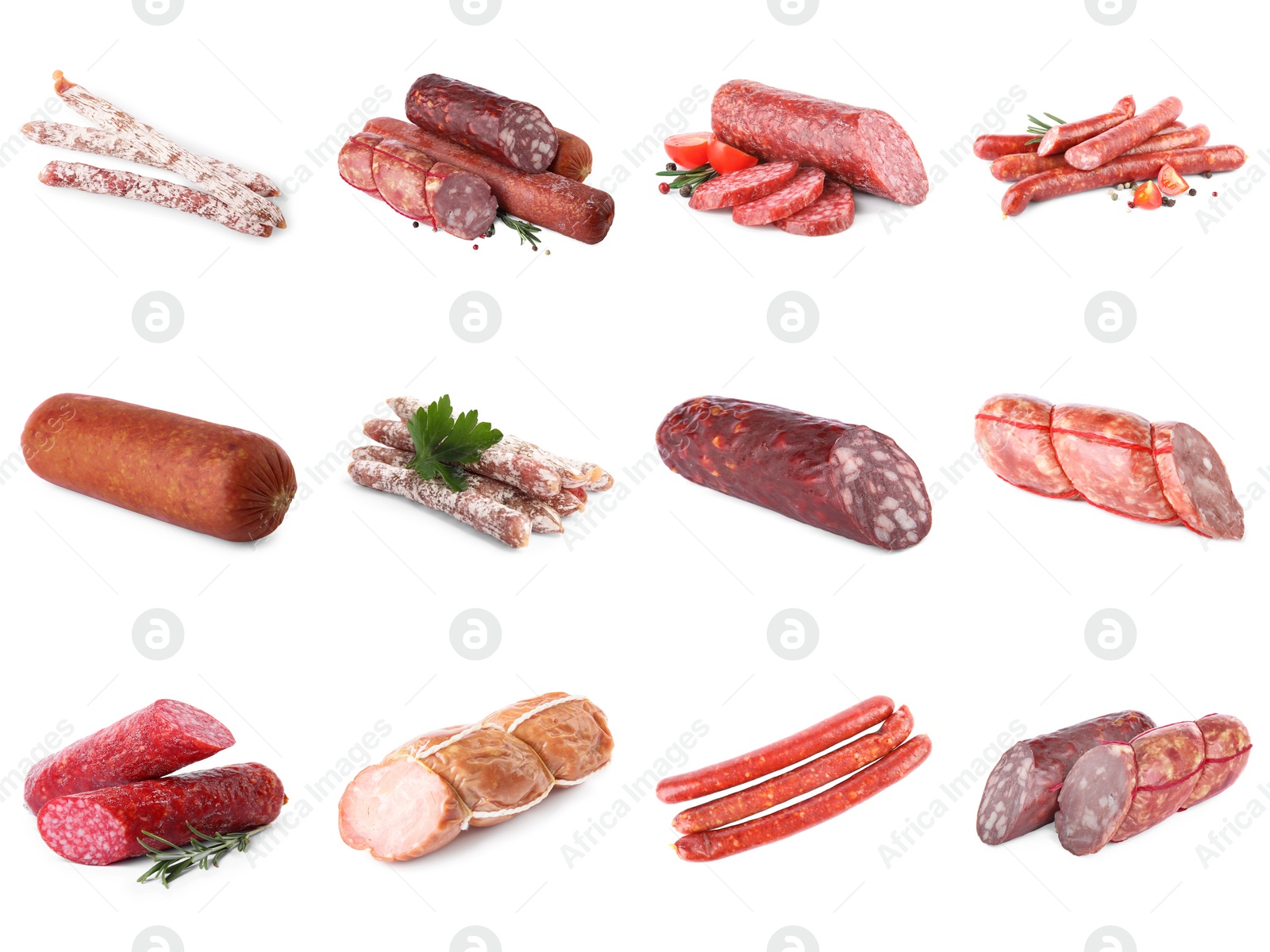 Image of Set with different tasty sausages on white background