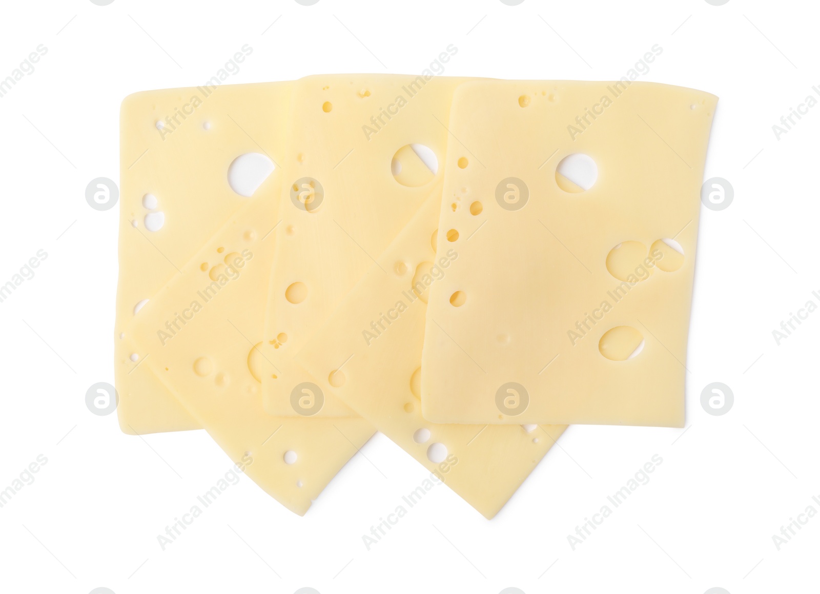 Photo of Slices of tasty fresh cheese isolated on white, top view