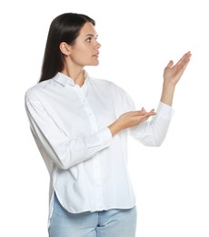 Photo of Beautiful young woman gesturing on white background. Weather forecast reporter