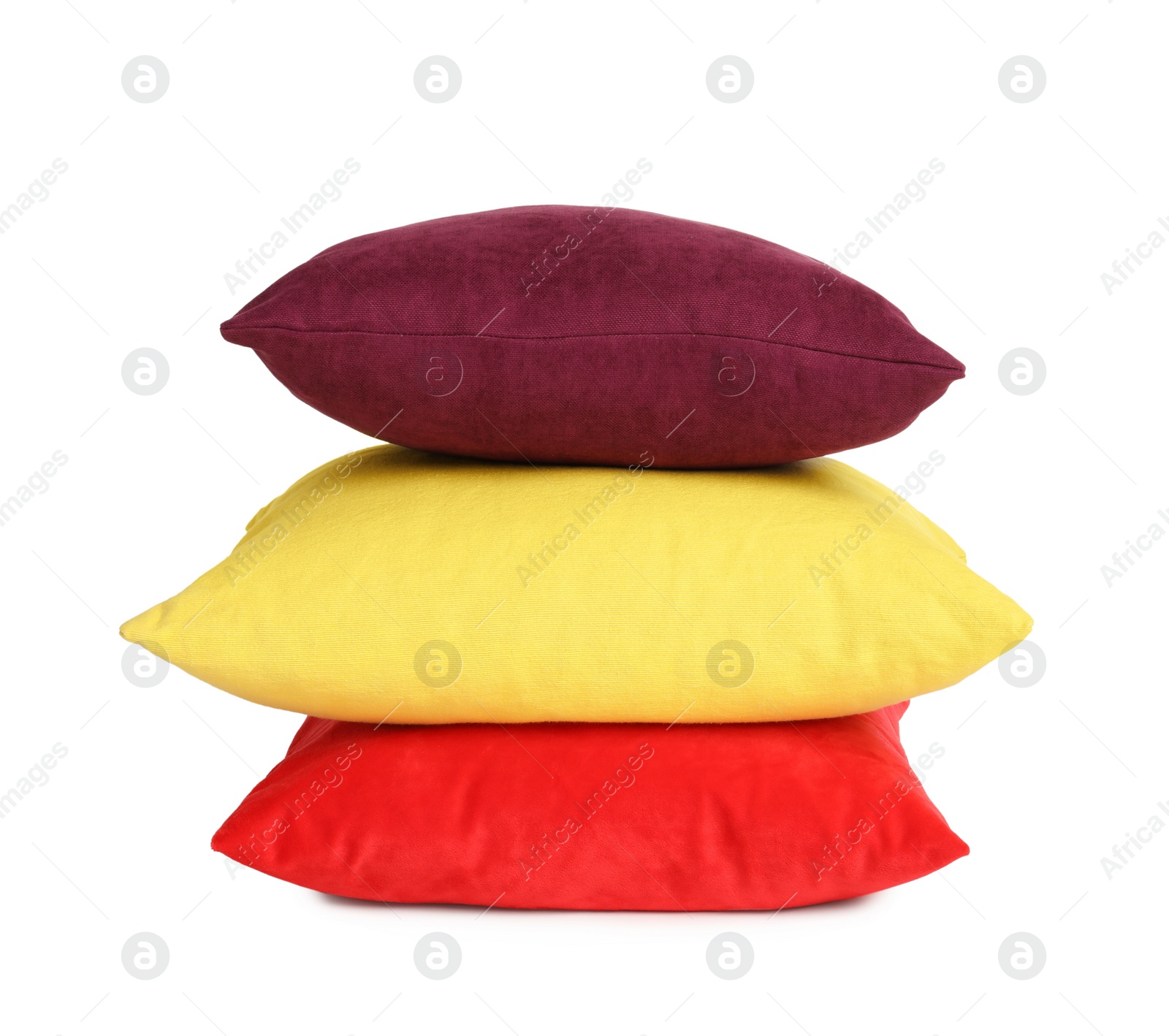 Photo of Stack of colorful decorative pillows on white background