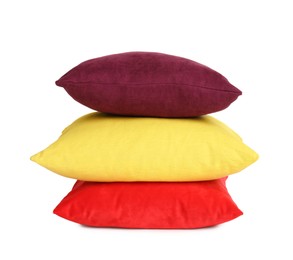 Photo of Stack of colorful decorative pillows on white background