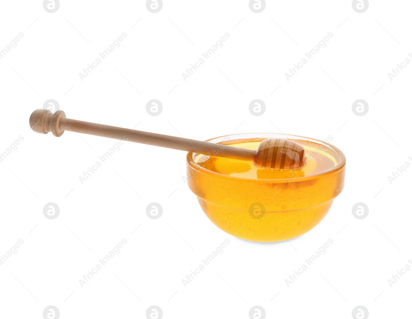 Photo of Fresh honey in bowl and dipper on white background