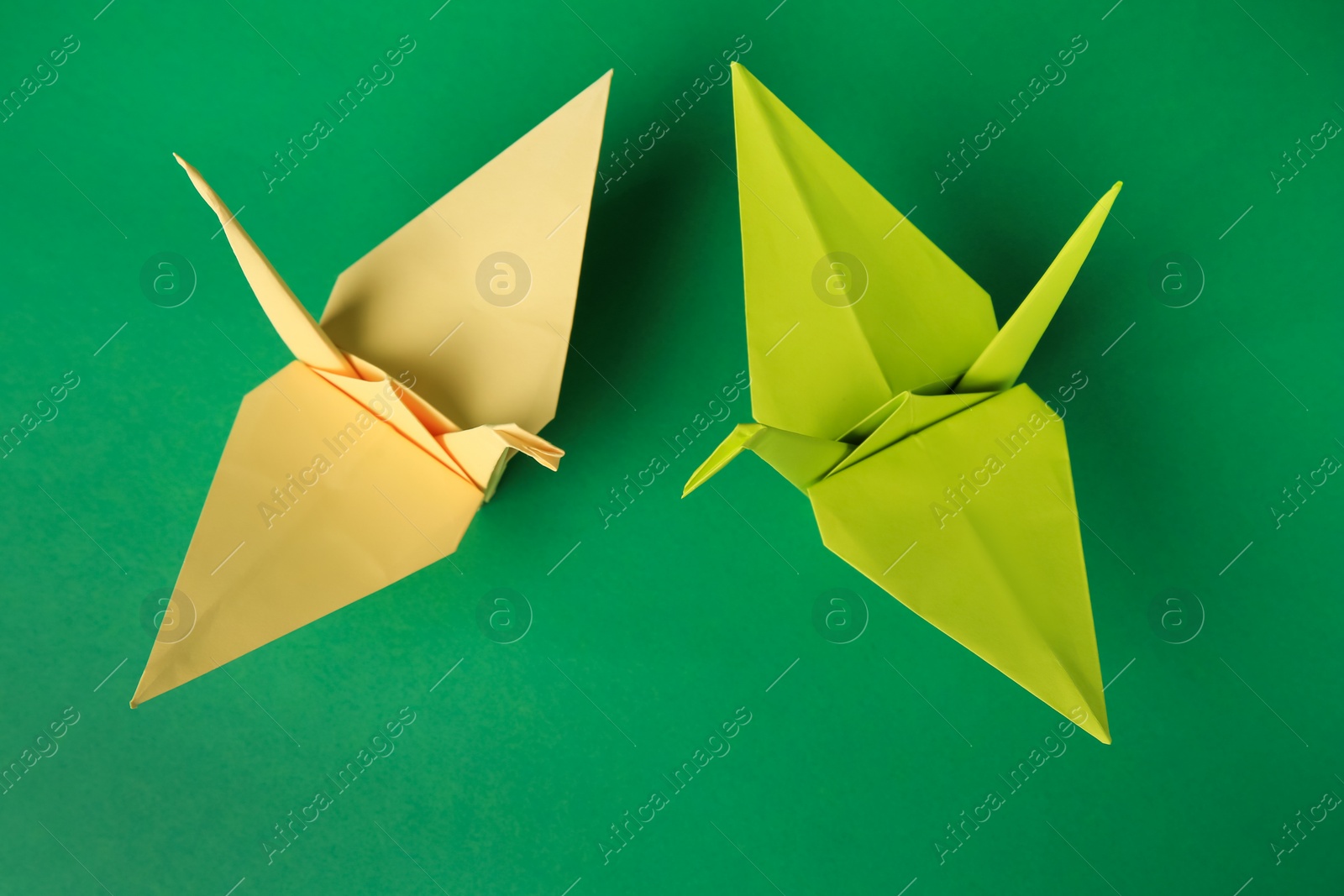 Photo of Colorful paper origami cranes on green background, flat lay