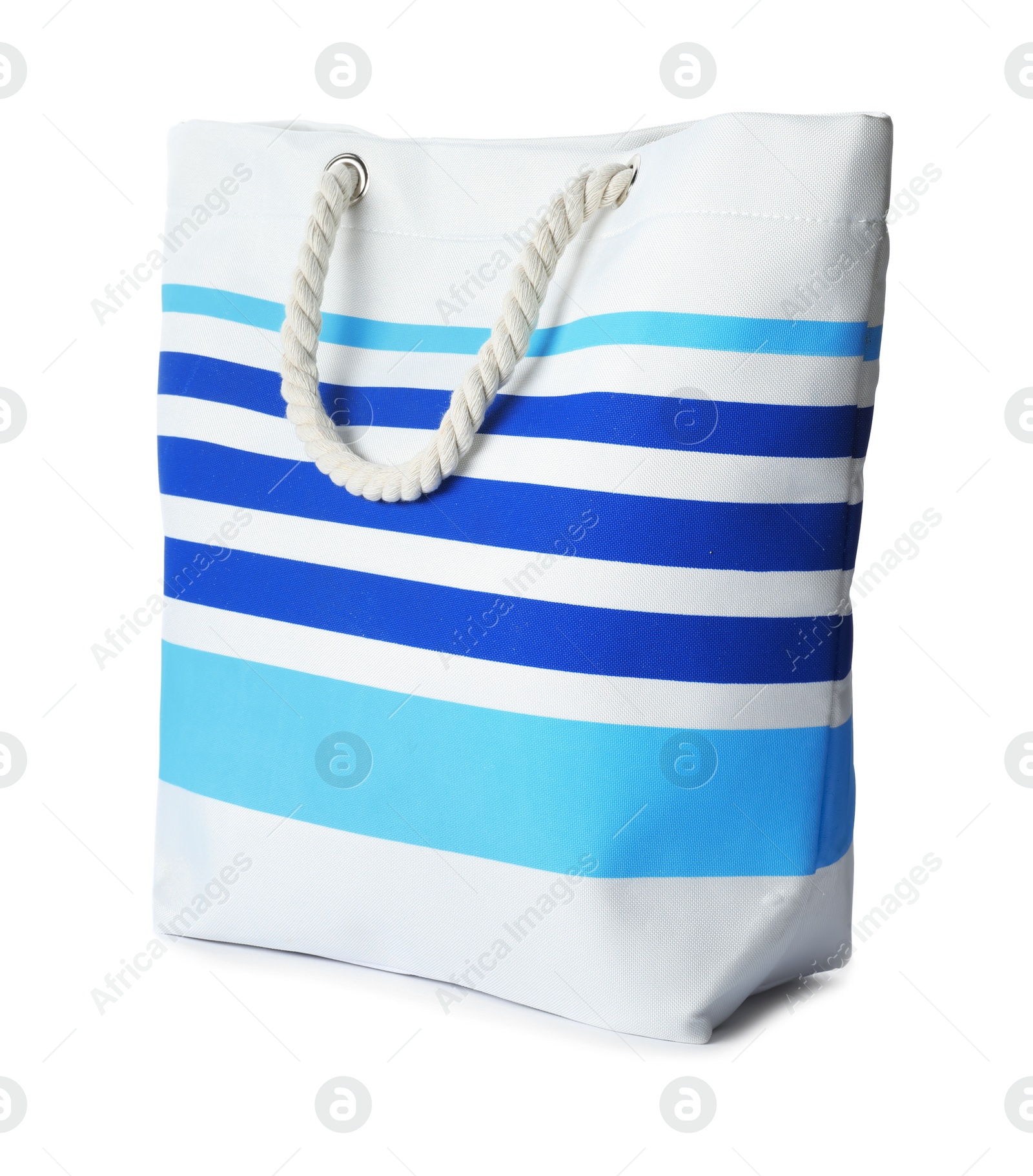 Photo of Beautiful female bag on white background. Beach object