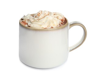 Photo of Cup of delicious hot chocolate with whipped cream  isolated on white