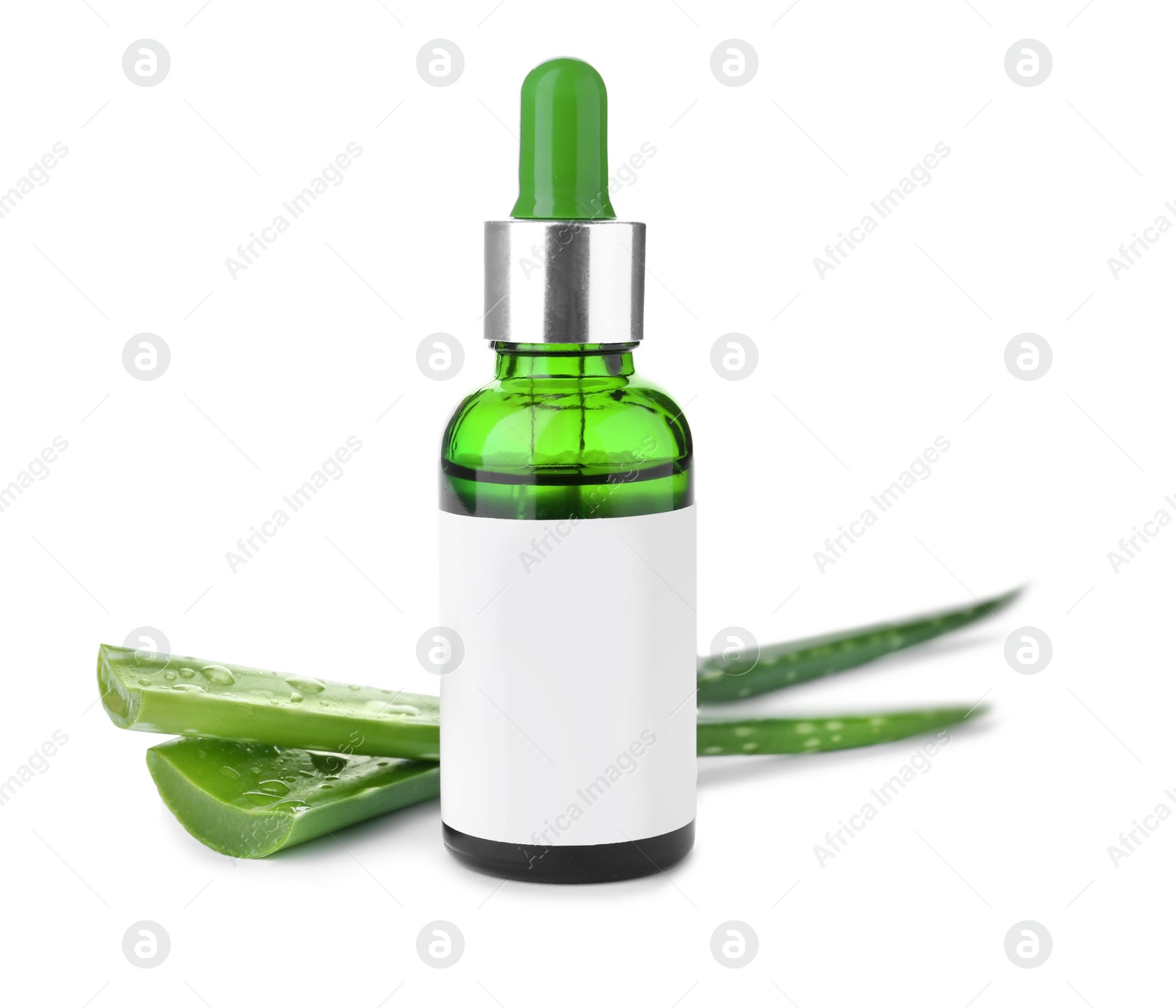 Photo of Bottle with aloe vera extract and fresh leaves on white background