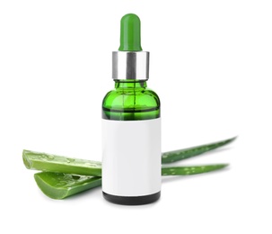 Photo of Bottle with aloe vera extract and fresh leaves on white background