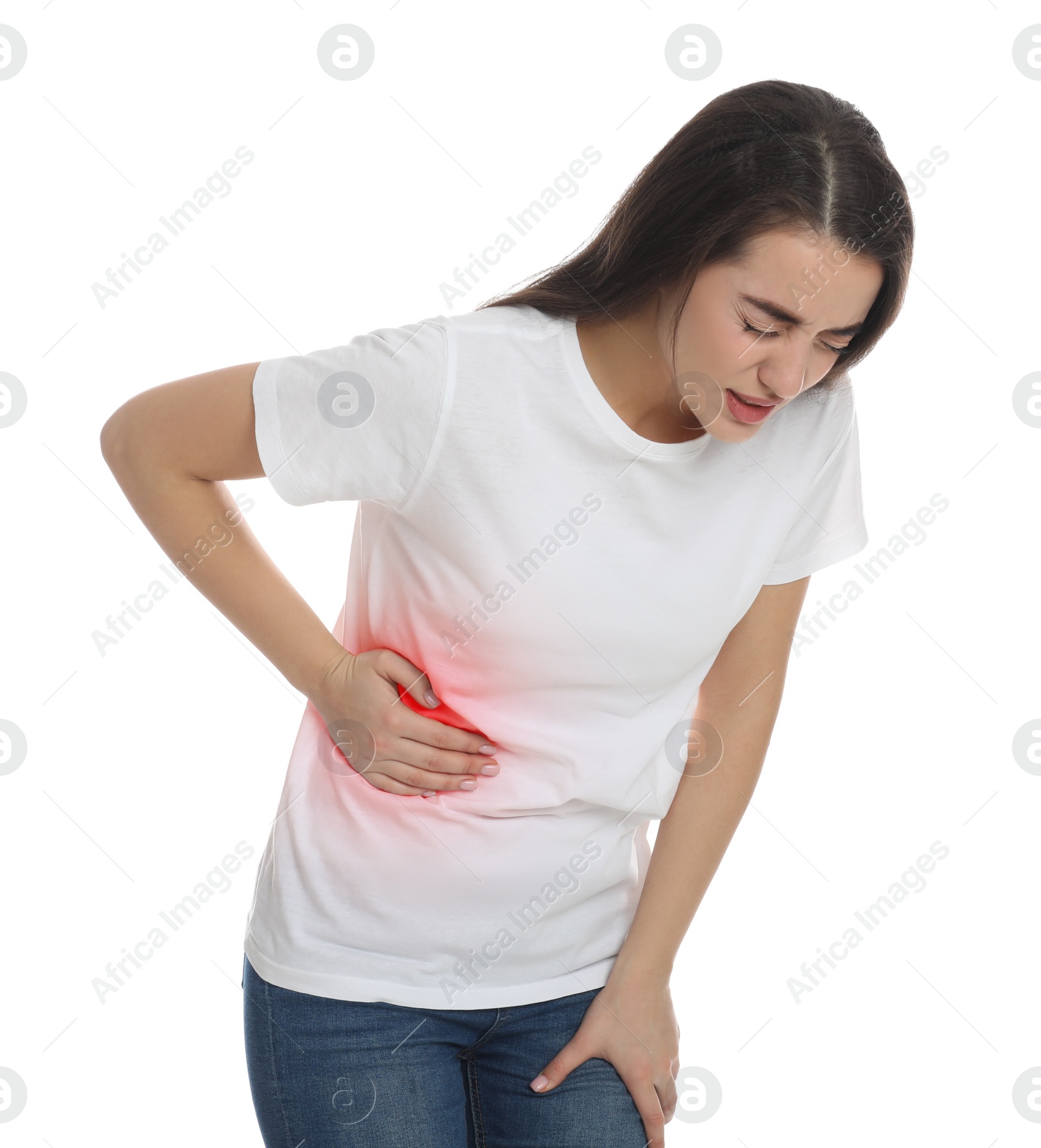 Photo of Young woman suffering from liver pain on white background