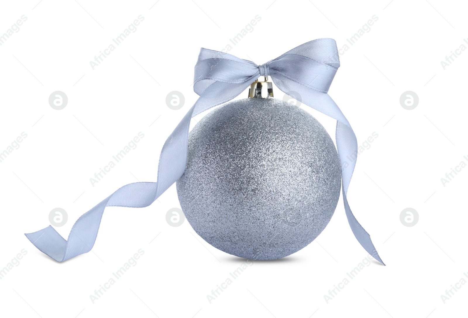 Photo of Beautiful silver Christmas ball with ribbon isolated on white