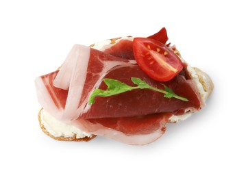 Tasty sandwich with cured ham, arugula and tomato isolated on white, top view