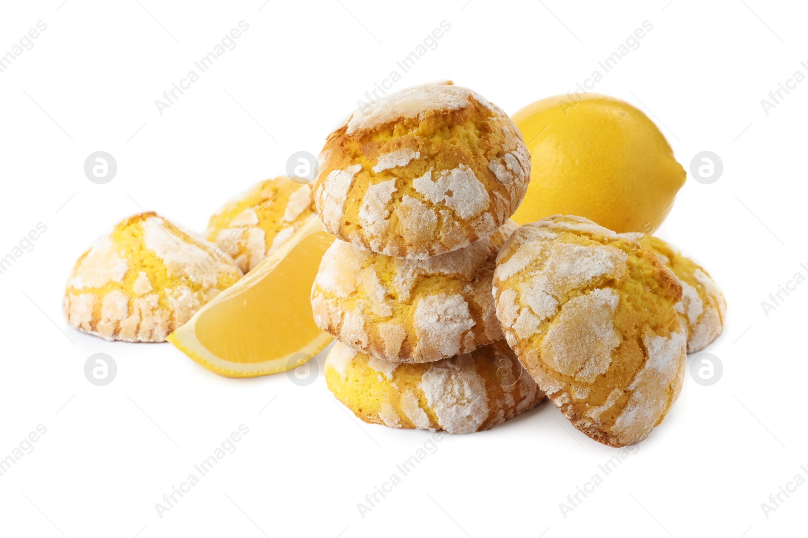 Photo of Tasty homemade lemon cookies and fresh fruits on white background