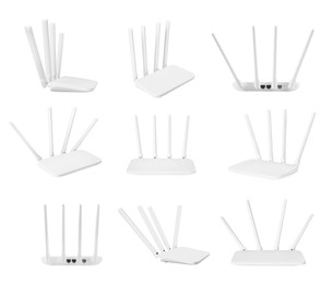 Image of Modern Wi-Fi router on white background, view from different sides