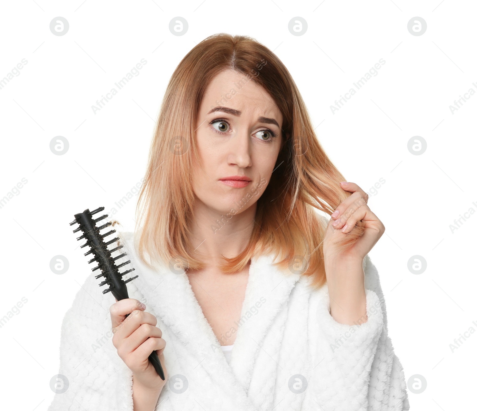 Photo of Young woman with hair loss problem on white background