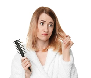 Photo of Young woman with hair loss problem on white background