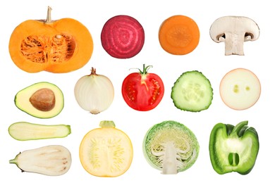 Image of Collection of different fresh vegetables on white background