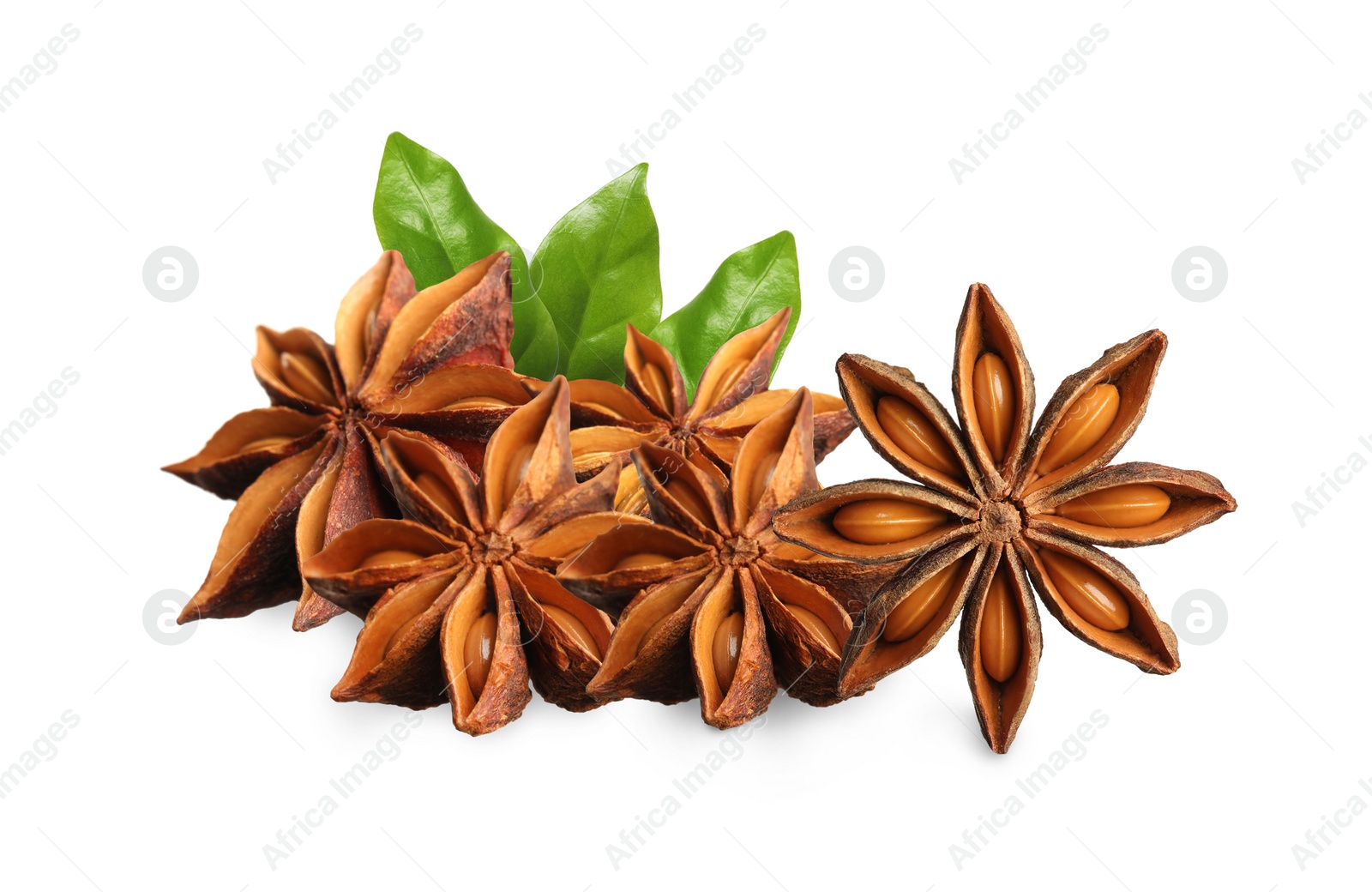 Image of Aromatic dry anise stars and green leaves on white background