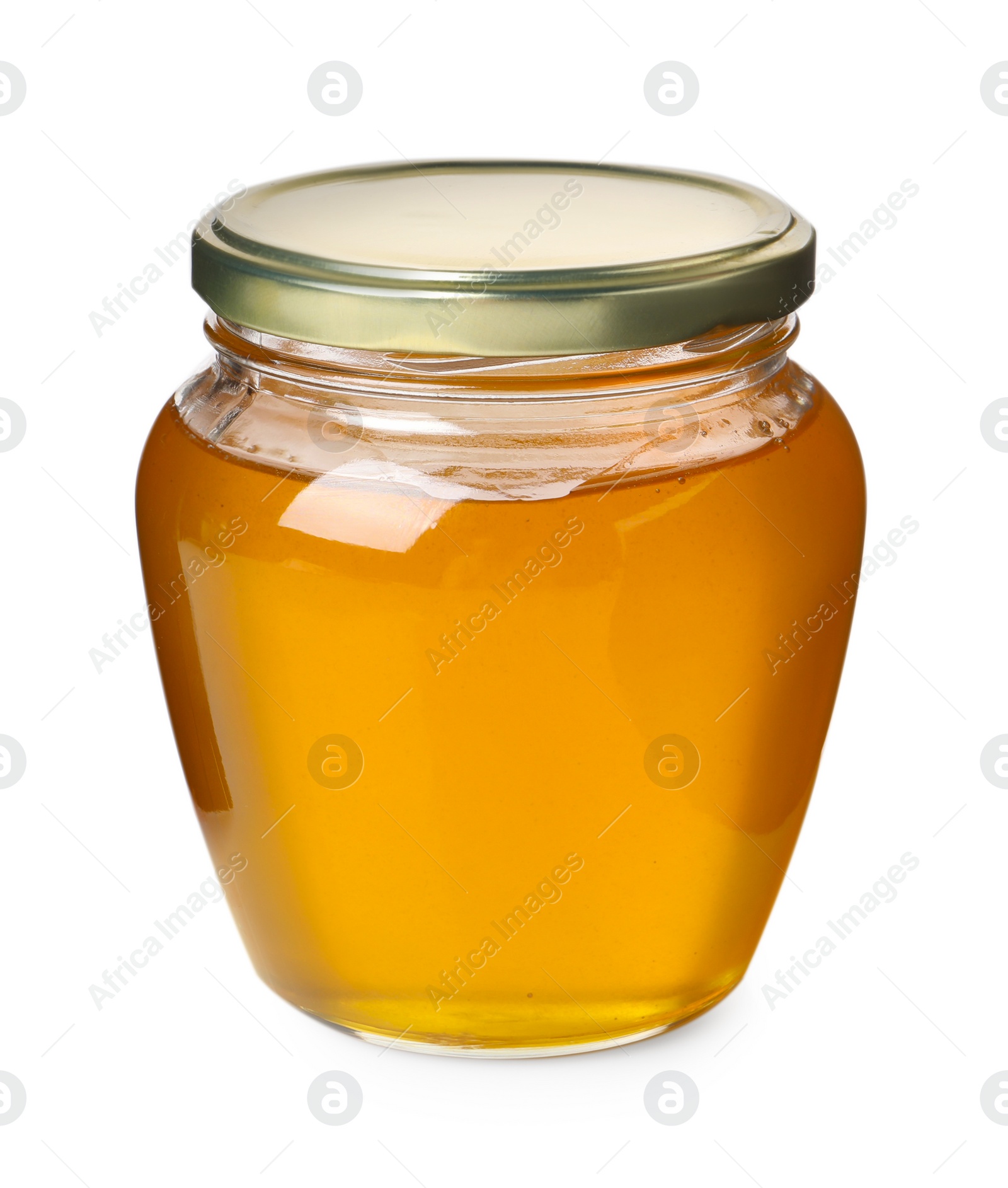 Photo of Tasty honey in glass jar isolated on white