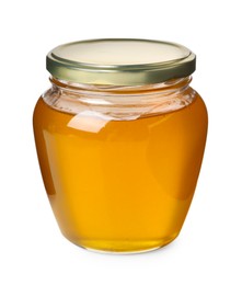 Tasty honey in glass jar isolated on white