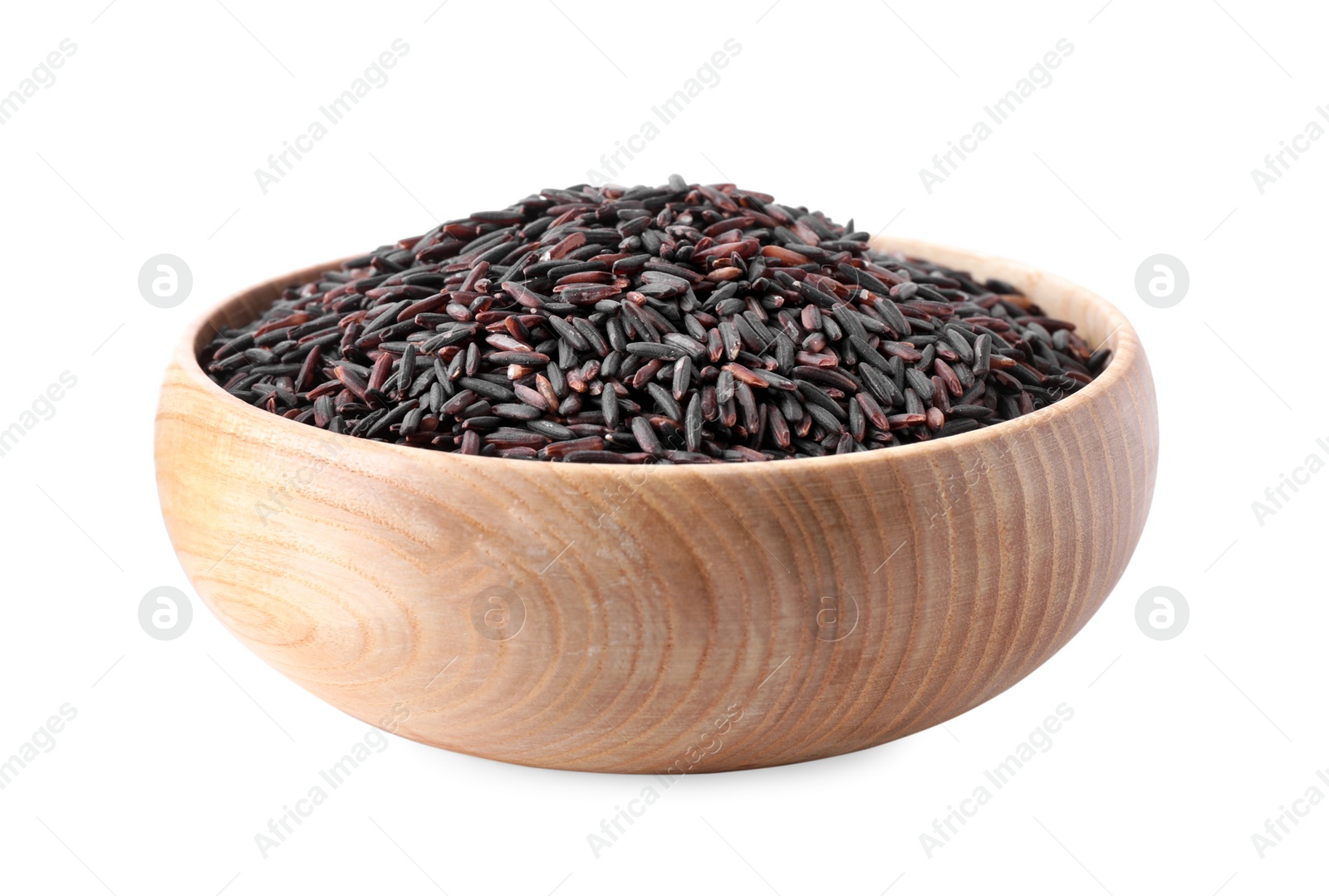 Photo of Brown rice in wooden bowl isolated on white