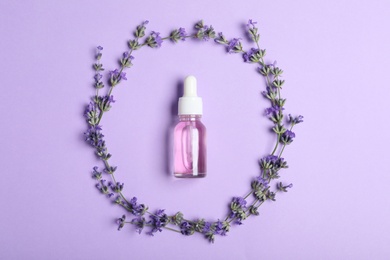 Bottle of essential oil and lavender flowers on lilac background, flat lay