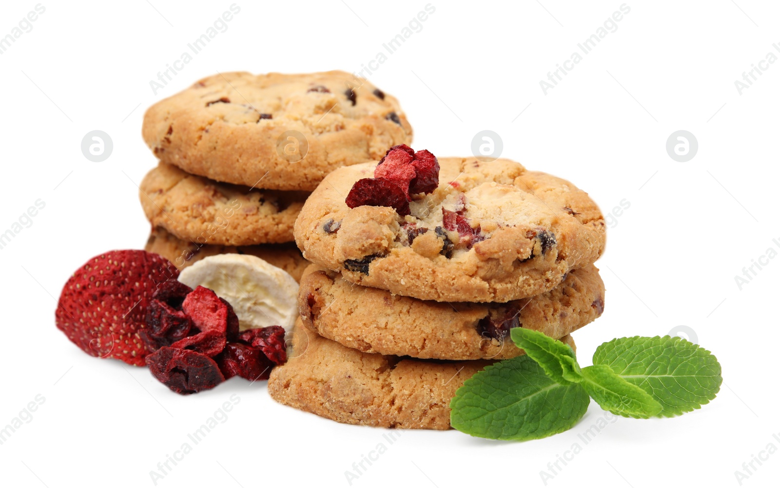 Cookies with freeze dried fruits and mint isolated on white Photo of Cookies with freeze dried fruits and mint isolated on white