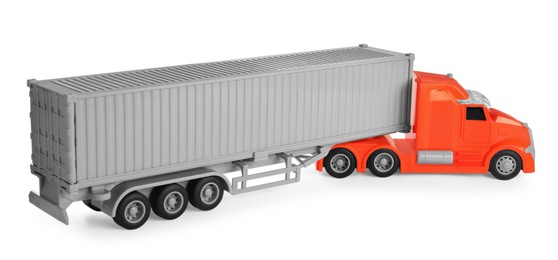 Photo of Toy truck with container isolated on white. Export concept