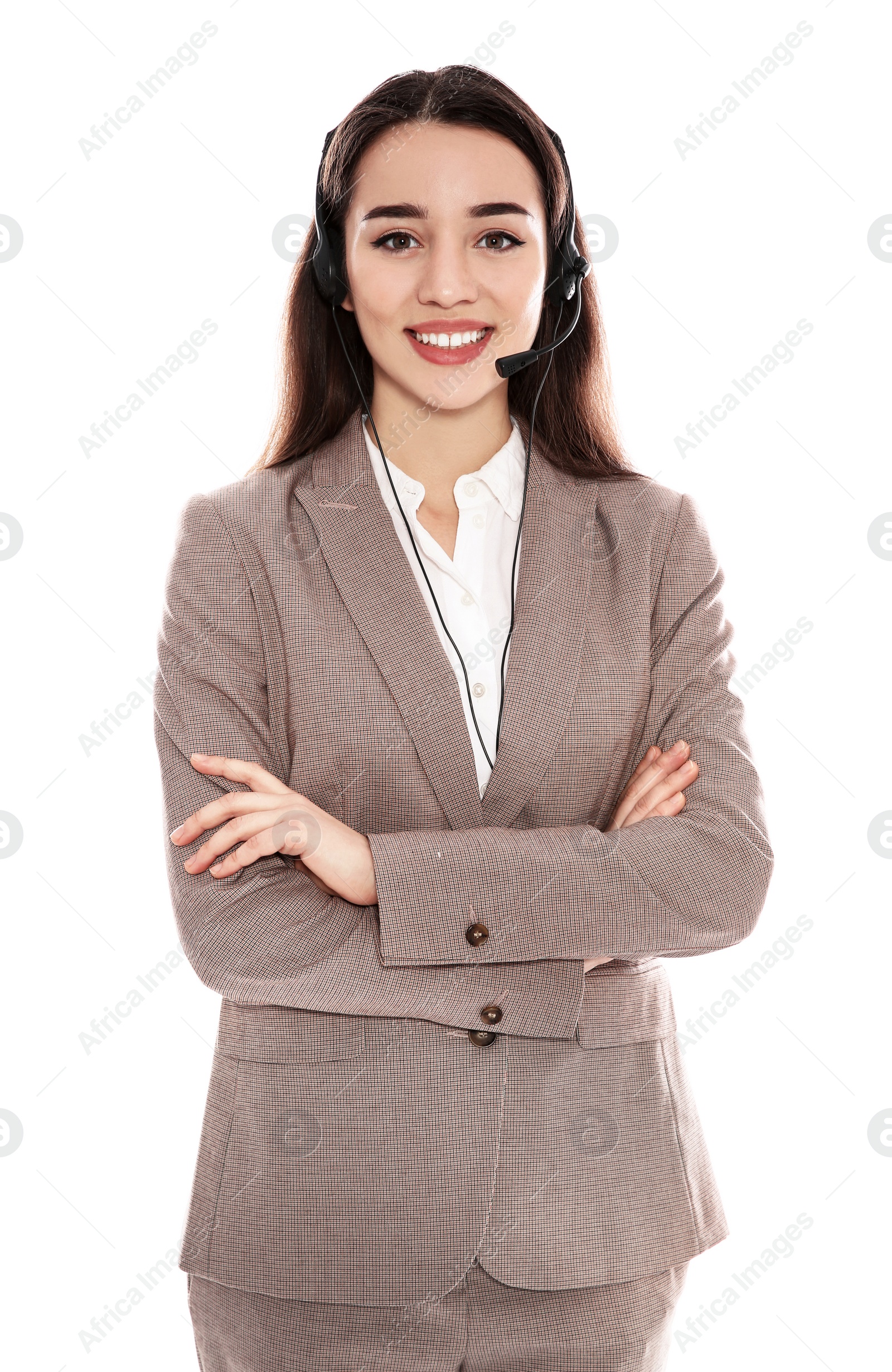 Photo of Portrait of technical support operator with headset isolated on white