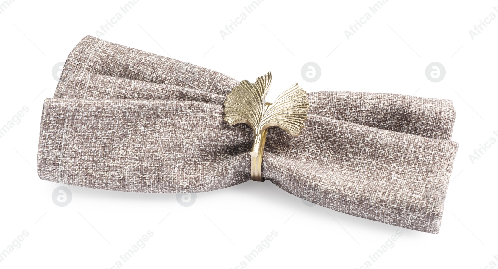 Photo of Fabric napkin with decorative ring for table setting on white background