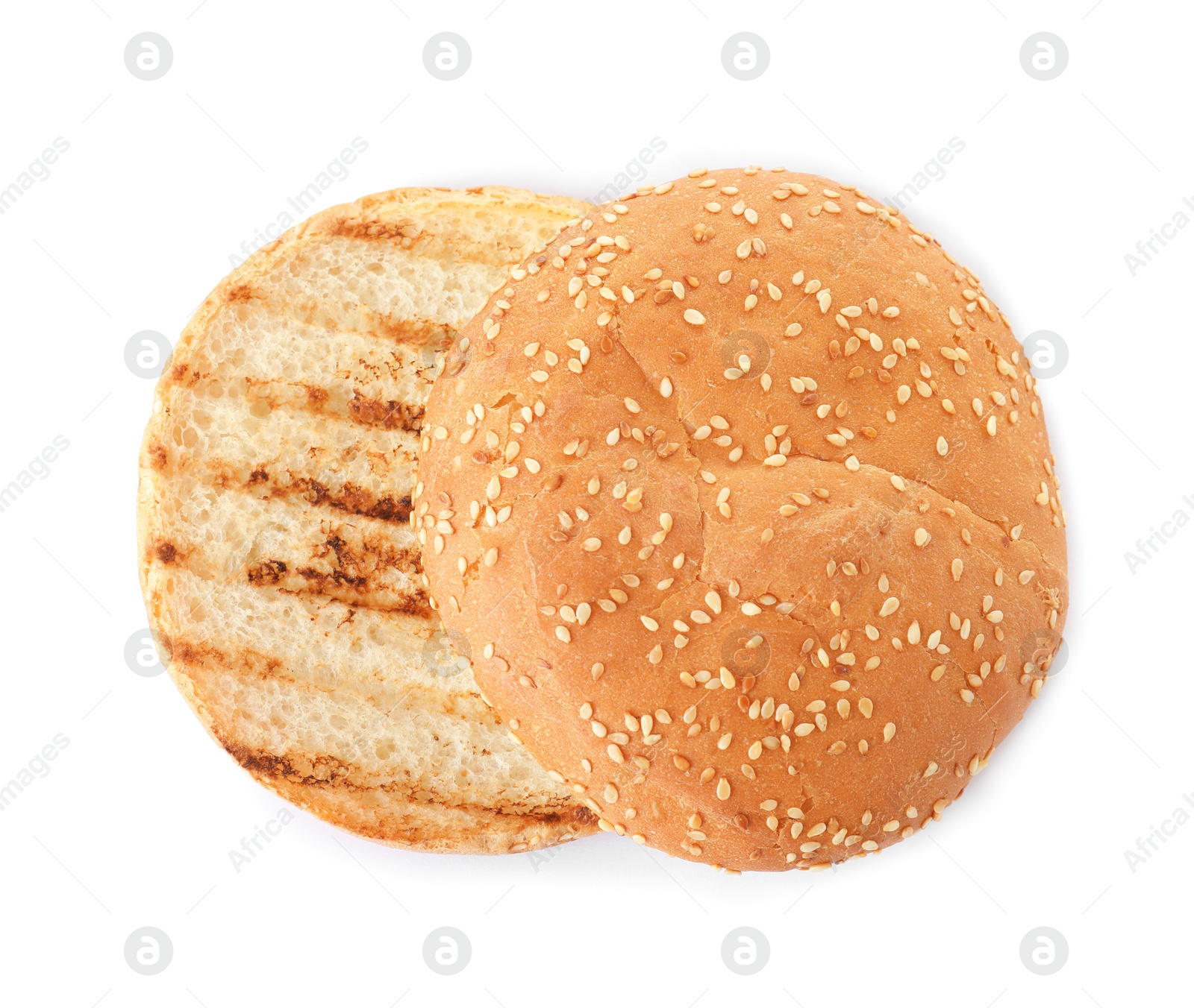 Photo of Grilled burger bun isolated on white, top view