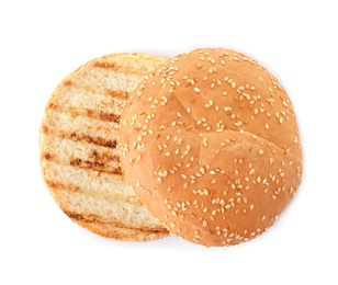 Photo of Grilled burger bun isolated on white, top view