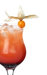 Refreshing cocktail decorated with physalis fruit on white background