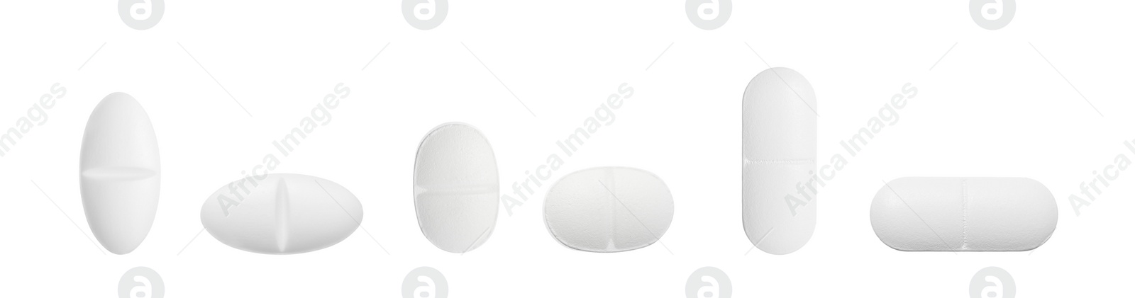 Image of Set of different pills in row isolated on white