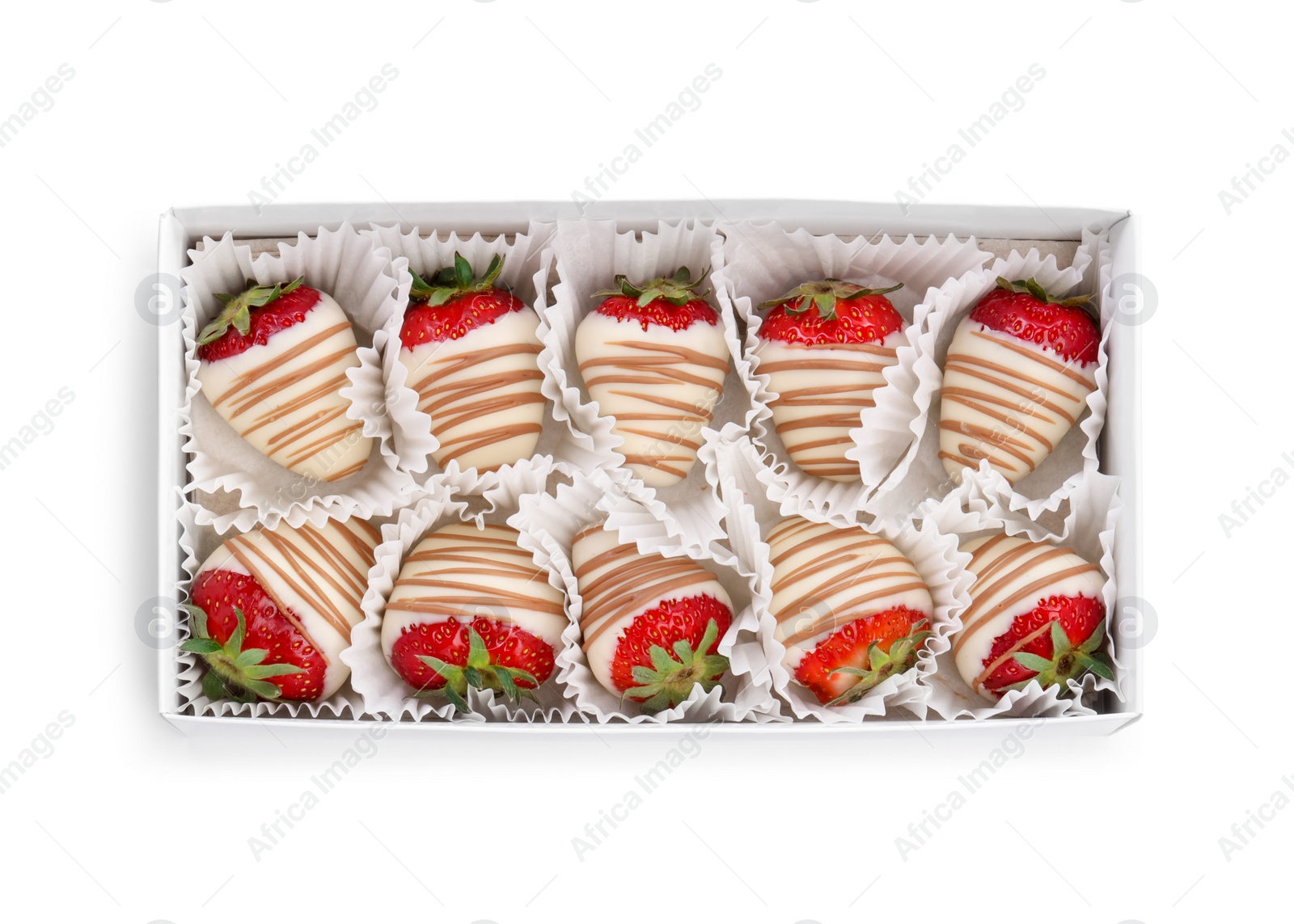 Photo of Box with delicious chocolate covered strawberries isolated on white, top view