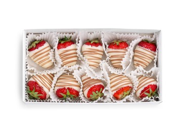 Photo of Box with delicious chocolate covered strawberries isolated on white, top view