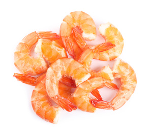 Delicious freshly cooked shrimps isolated on white, top view