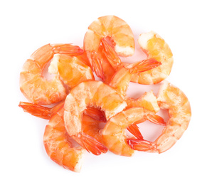 Photo of Delicious freshly cooked shrimps isolated on white, top view