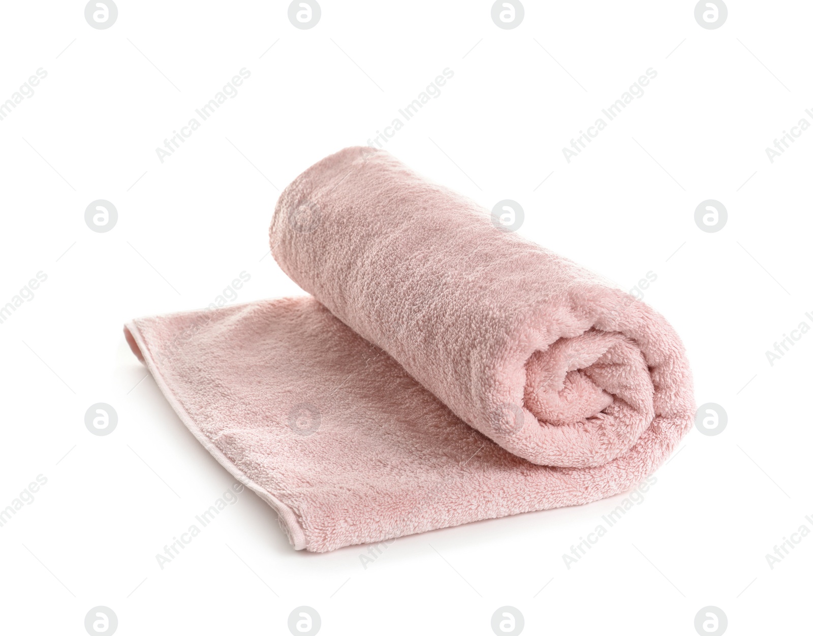 Photo of Rolled soft terry towel on white background