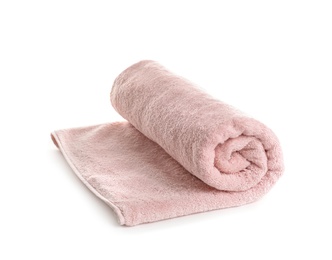 Rolled soft terry towel on white background