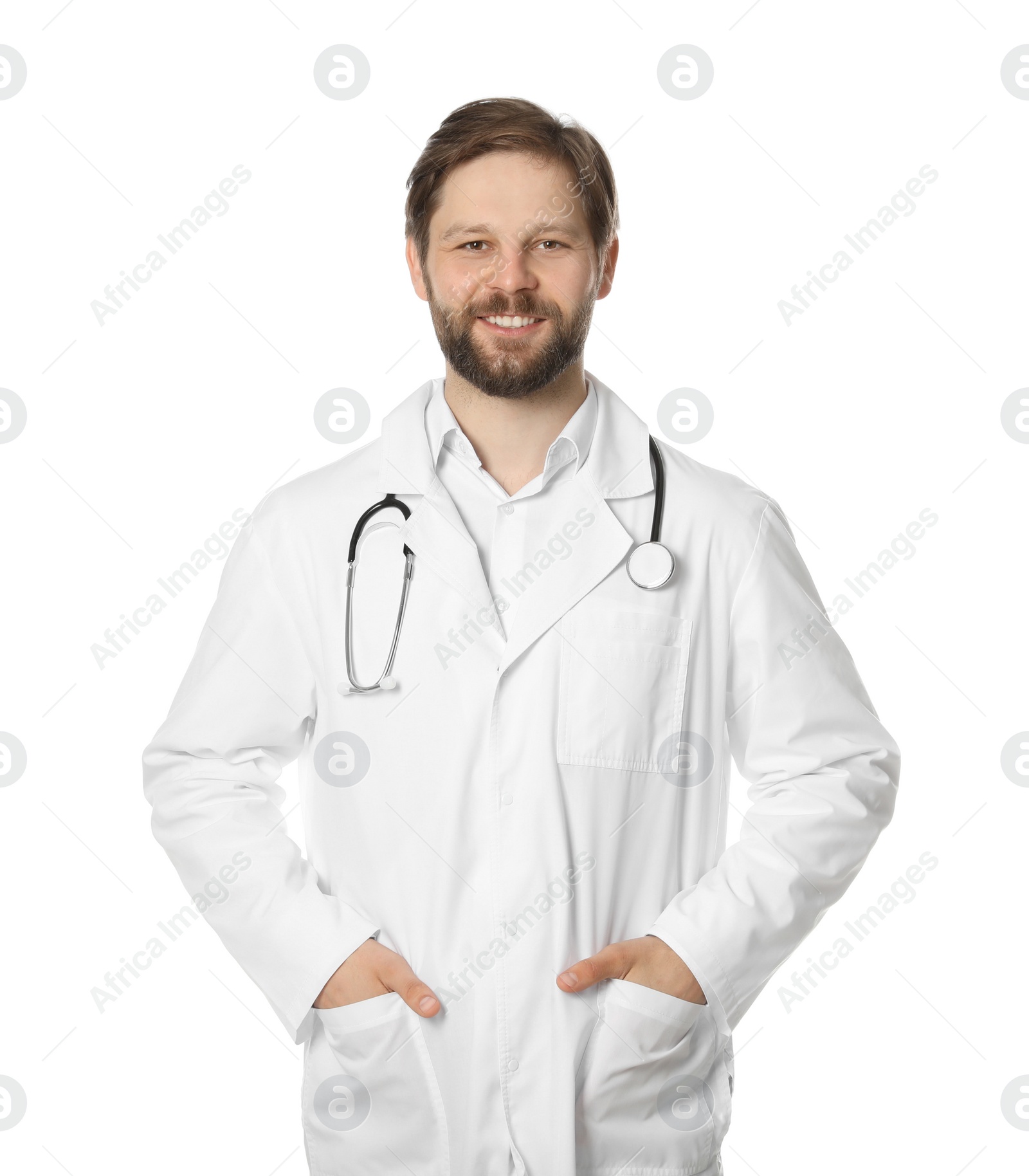 Photo of Doctor or medical assistant (male nurse) in uniform with stethoscope on white background