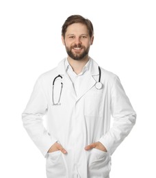 Doctor or medical assistant (male nurse) in uniform with stethoscope on white background