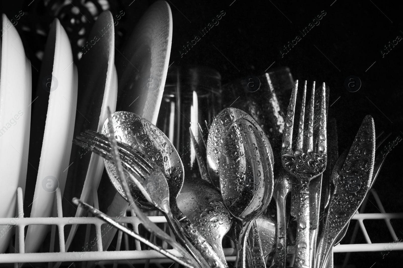 Photo of Clean wet plates and cutlery in dishwasher, closeup