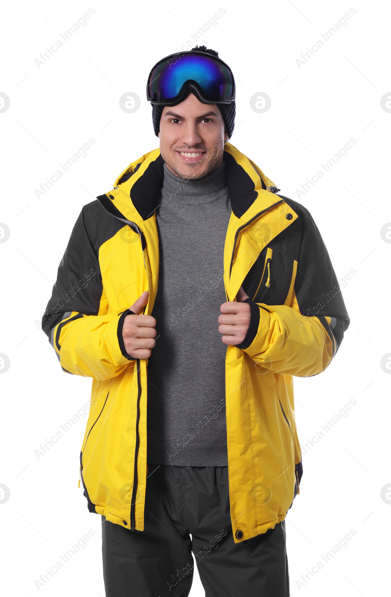 Photo of Man wearing stylish winter sport clothes on white background