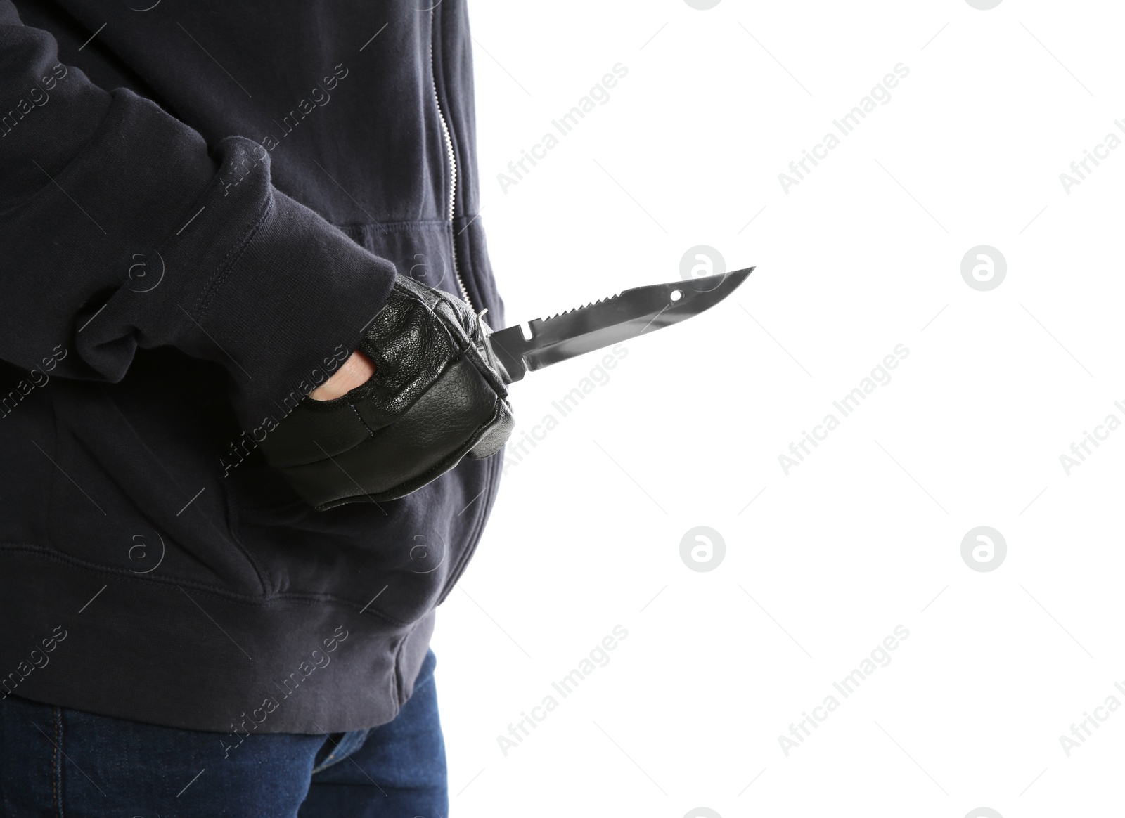 Photo of Man with knife on white background, closeup. Dangerous criminal