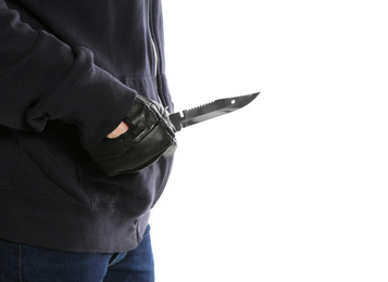 Man with knife on white background, closeup. Dangerous criminal