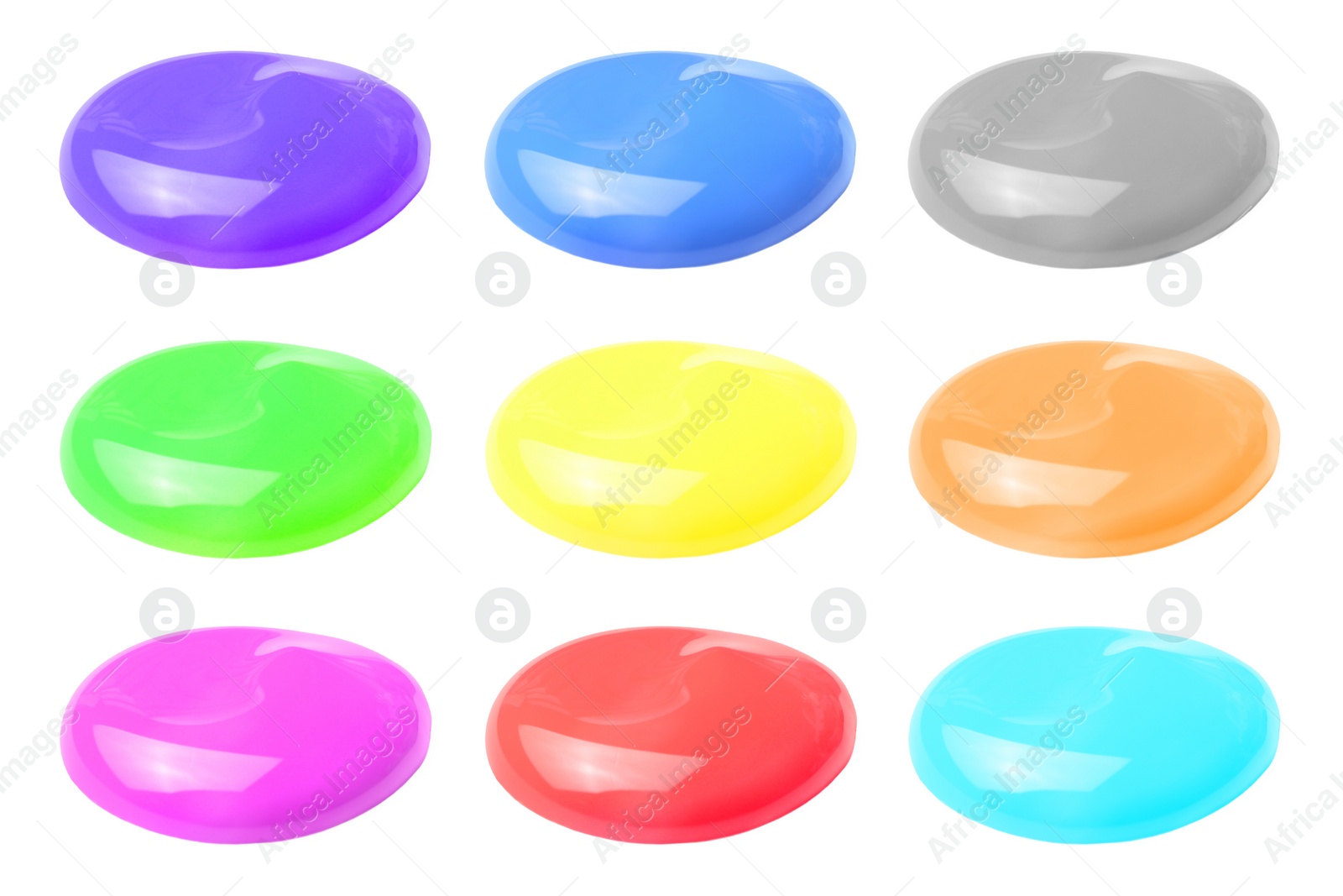 Image of Paint blobs of different colors on white background, set