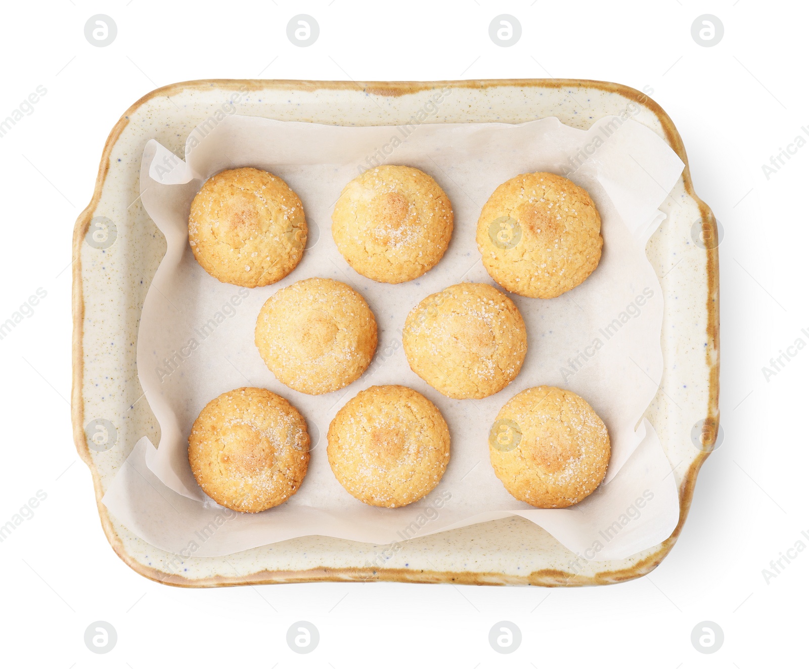 Photo of Tasty sweet sugar cookies in baking dish isolated on white, top view